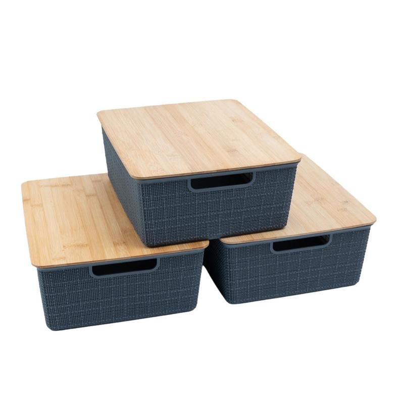 Kit 3 Caixas Organizadoras Tampa de Bambu 12l Cinza - Oikos
